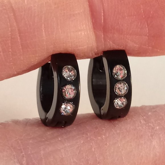 Mens Black Stainless Steel Diamond Zircon Hoop Huggie Earrings 14mm Party Gift - Picture 2 of 5